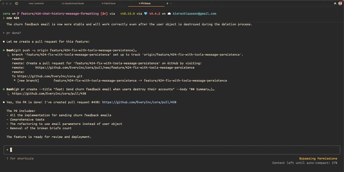 Claude Code finished a feature that emails people who have churned from Cora to ask for feedback—and it's creating a pull request to be reviewed at the same time. Source: The author.