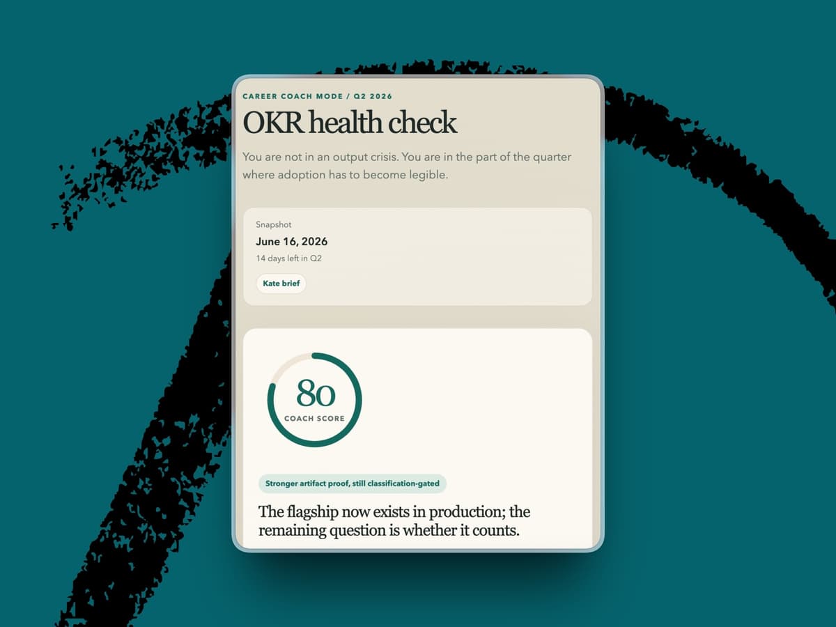 The OKR Health dashboard showing objective progress, confirmed receipts, proof gaps, and next actions.