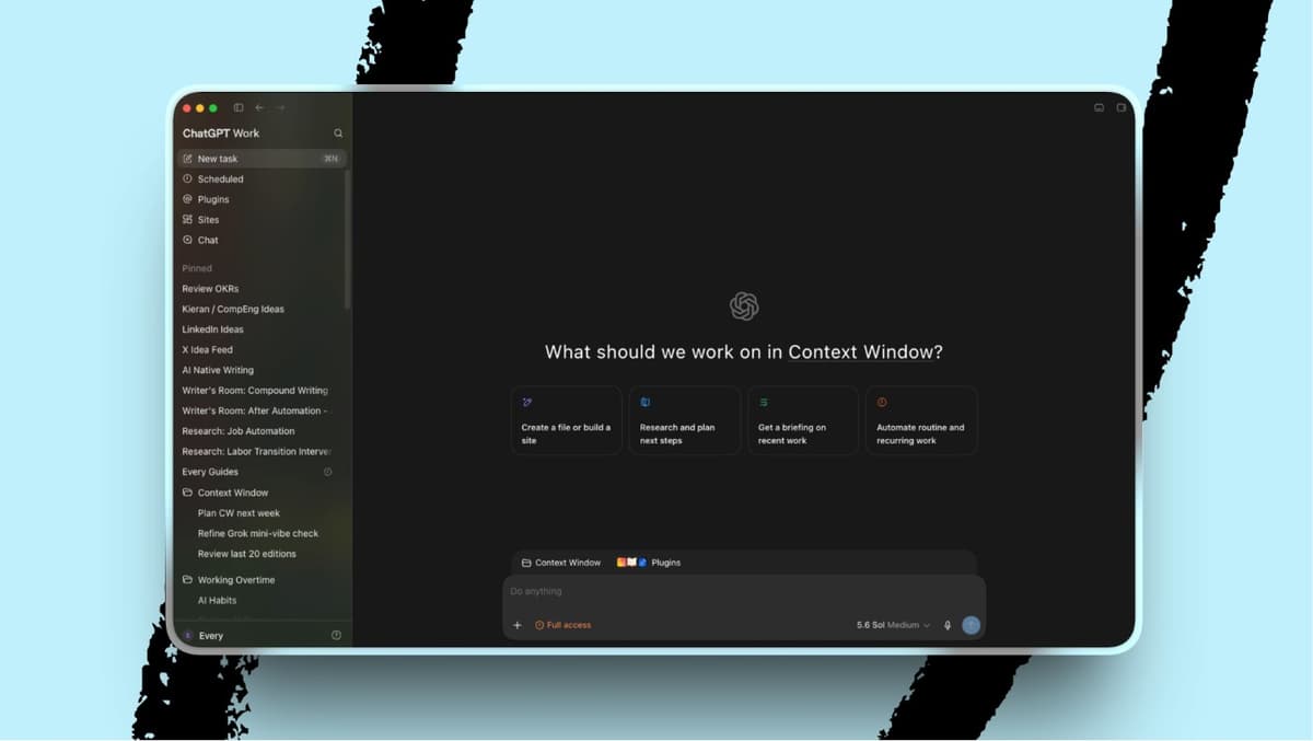ChatGPT Work looks suspiciously similar to Codex while removing some of Codex’s more technical features, like a dedicated space for pull requests. (Image courtesy of Katie Parrott.)