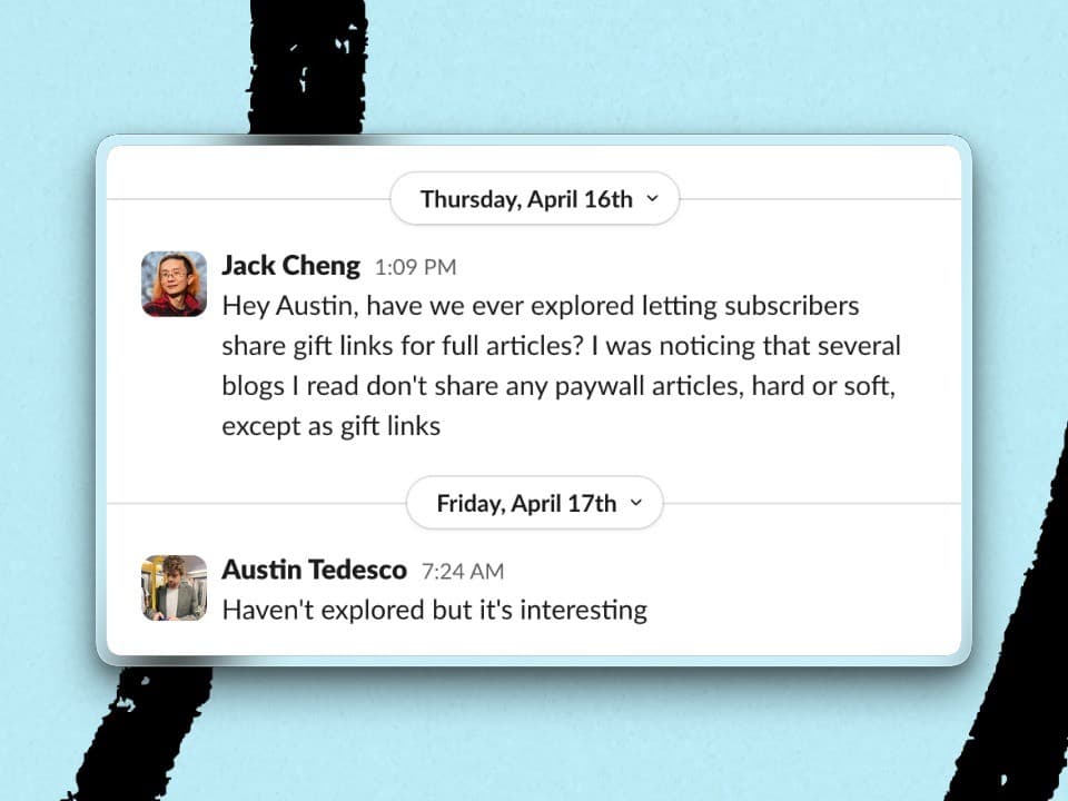 Austin’s curt Slack response the next morning. (Remaining screenshots courtesy of Jack Cheng.)
