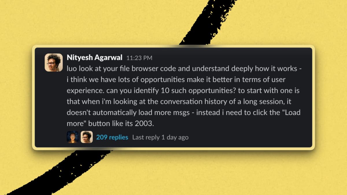 A long-running Slack thread between Nityesh and Luo Ji. (Screenshot courtesy of Nityesh Agarwal.)