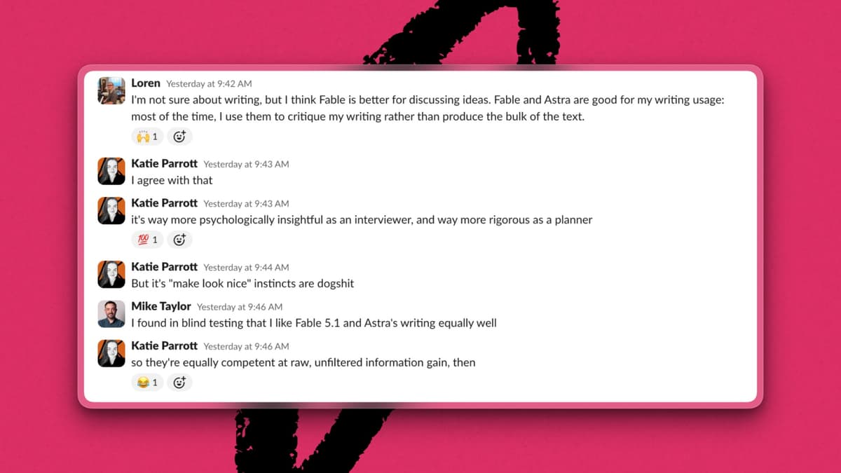 The team compares Fable and Astra for writing, planning, and developing ideas. (Screenshot courtesy of Laura Entis.)