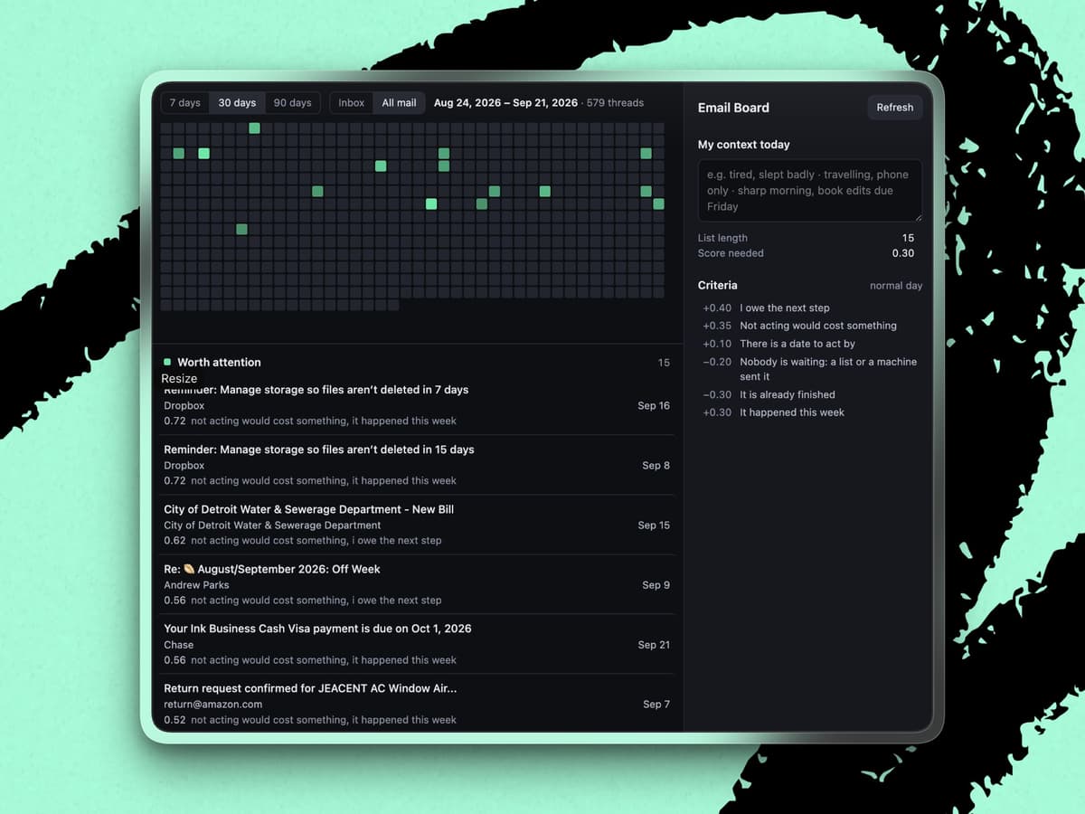 Jack’s email board experiment evaluates each message against a set of individual questions and weights the answers to determine what’s worth his attention. (Screenshot courtesy of Jack Cheng.)