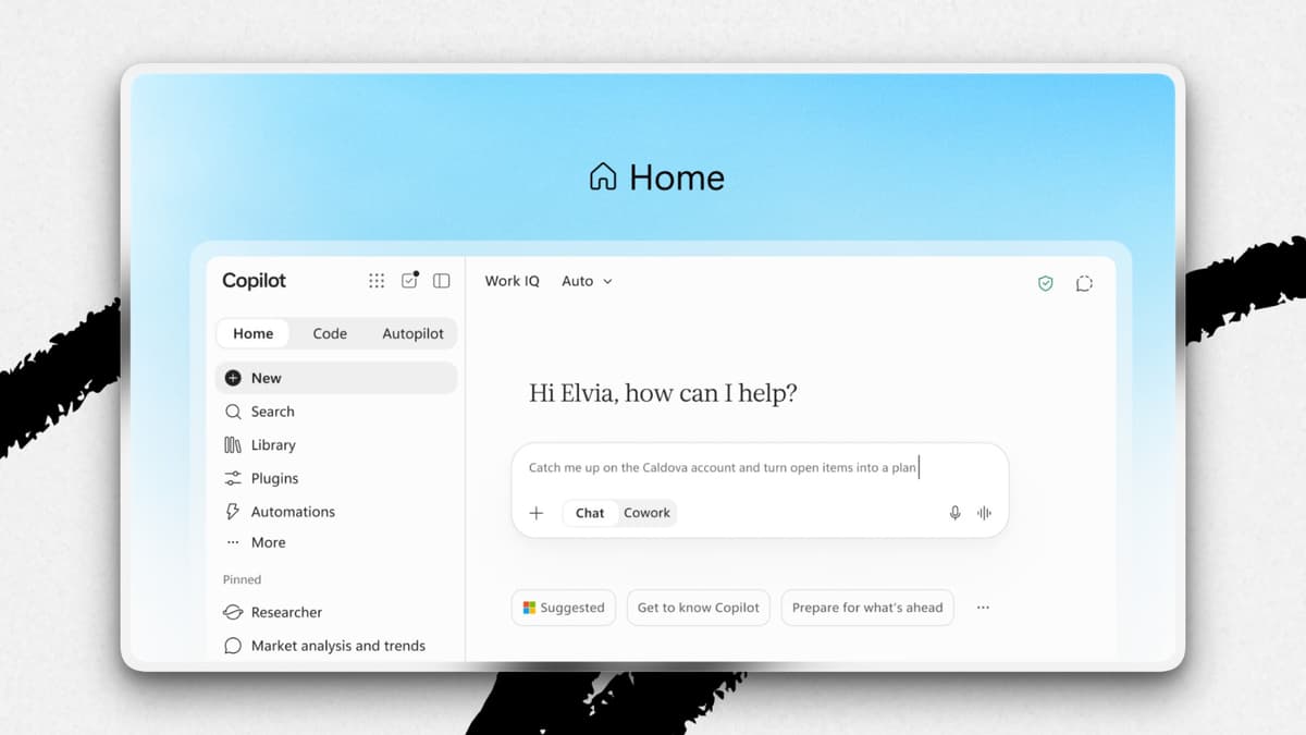 What the new Copilot app’s Home tab looks like. (Screenshots courtesy of Microsoft.)