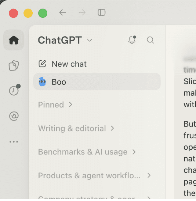 My Dot, Boo, in the redesigned ChatGPT sidebar.