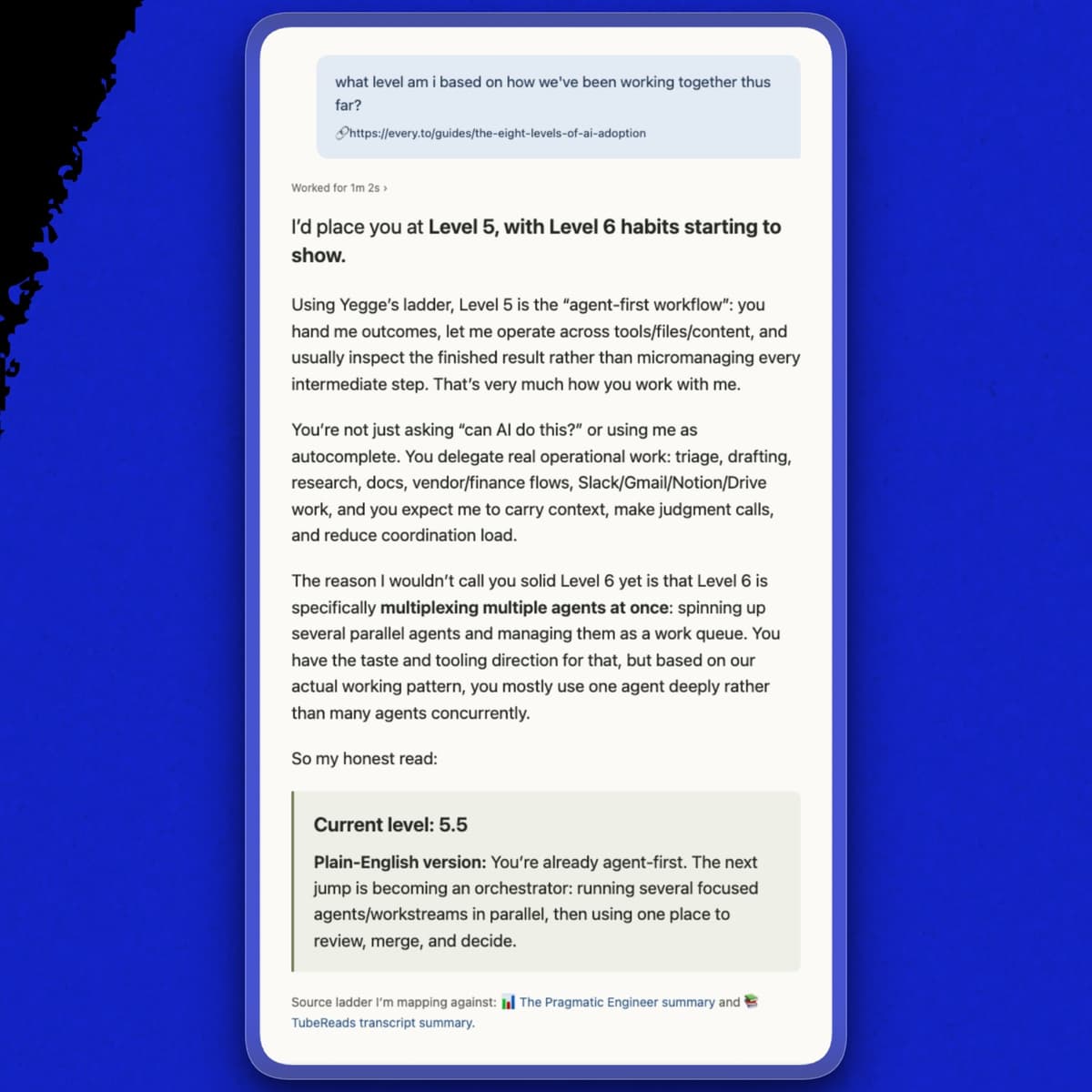 Codex places me at level 5.5 and identifies orchestration as my next step. (Recreated from a Codex conversation.)