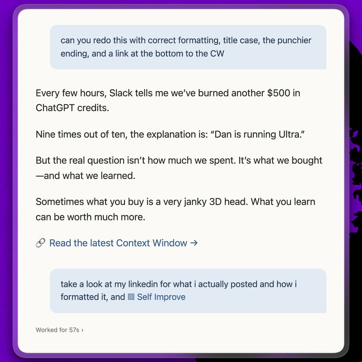 I ask Codex to learn from my edits to a LinkedIn post. (Recreated from a Codex conversation.)