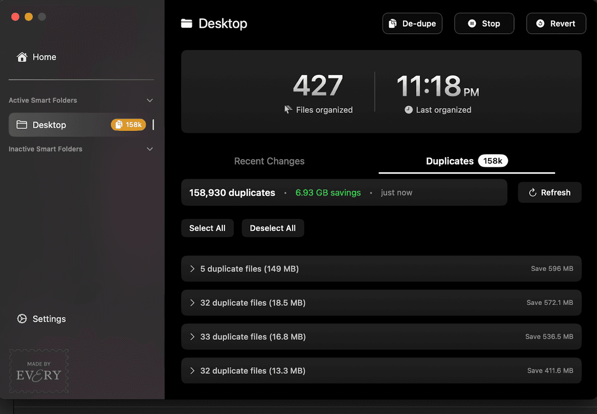 Screenshot of Sparkle identifying 158,000 duplicate files on my desktop. Source: the author.