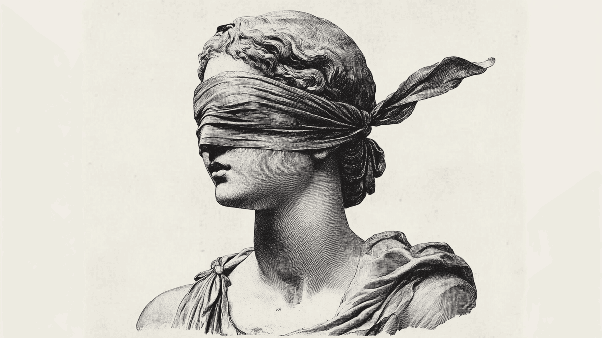 Midjourney prompt: “black and white vintage greco roman illustration of blindfolded statue in a white background, cross hatching, etched illustration --ar 16:9”
