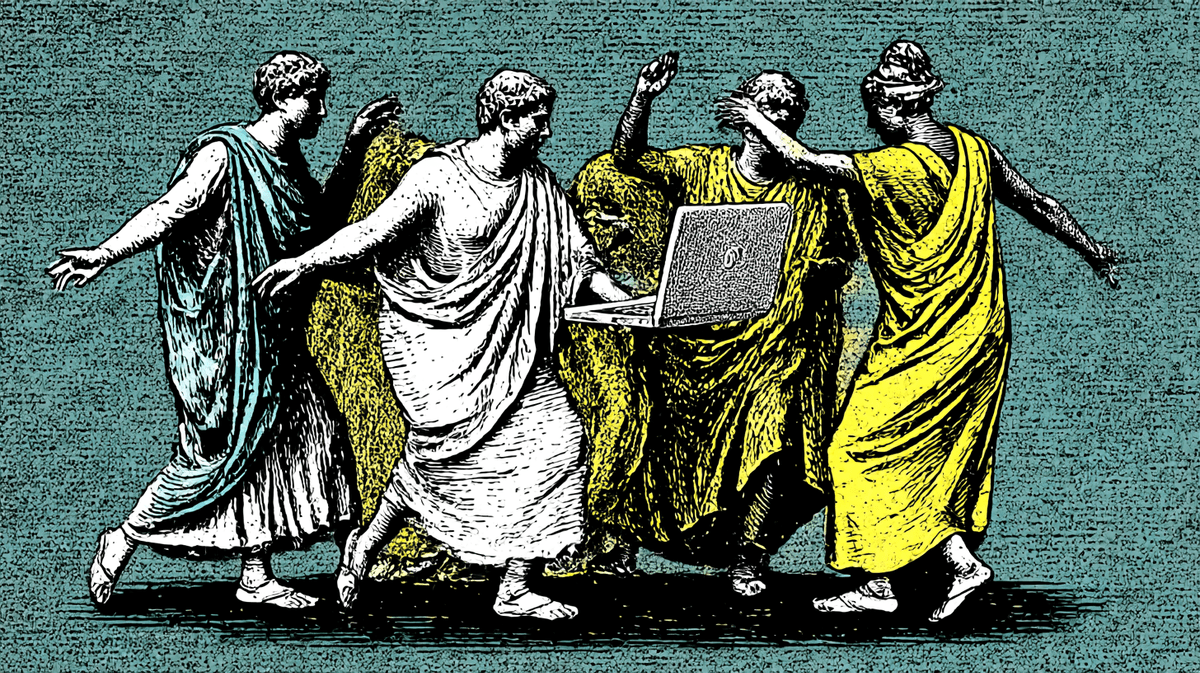 Midjourney prompt: “greco roman illustration of a group of hellenic people dancing around a computer. A Renaissance painting in the art style of Mattisse --ar 16:9 --profile ssvc5g2 --v 7”