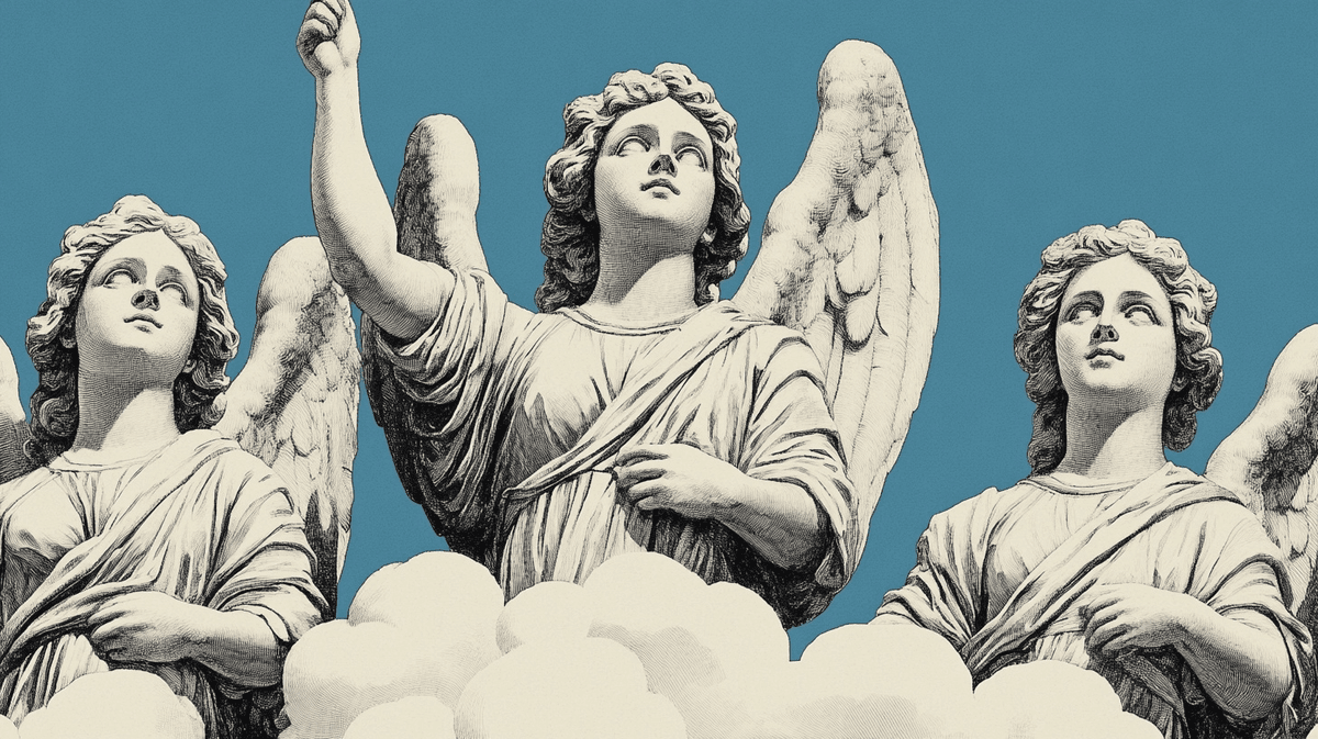 Midjourney prompt: “greco roman illustration of sculptures of angels in clouds, divine feeling, holy wings --ar 16:9 --profile ssvc5g2 --stylize 750”