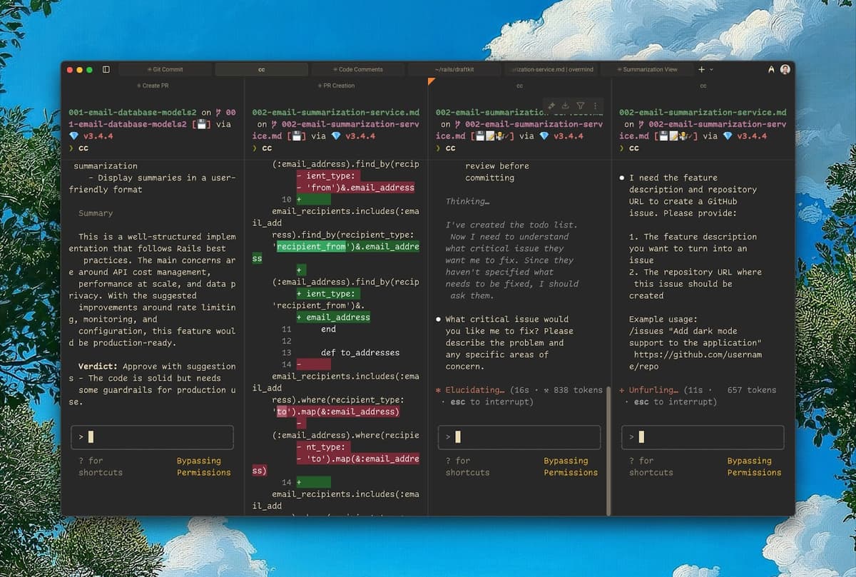 Running four parallel Claude Code agents in Warp, an AI-enabled terminal, doing different work at the same time. Source: The author.