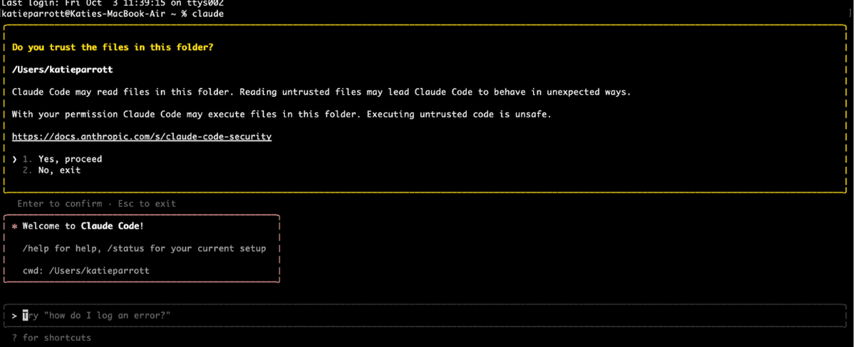 What my terminal looks like when I tee up a fresh session with Claude Code. (Source: Katie Parrott.)