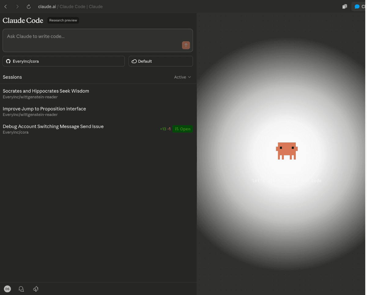 What you see when you boot up Claude Code in your browser. (Source: Dan Shipper.)
