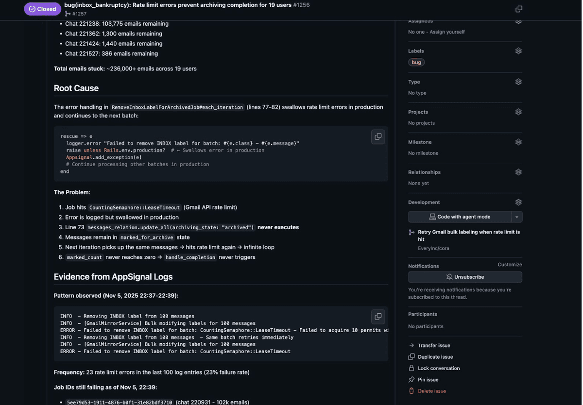 The agent reproduced the bug, found the root cause in production logs (records of what's happening on the live site users interact with), and documented everything automatically. (All screenshots courtesy of the author.)