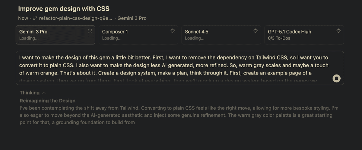 Kieran’s prompt in Cursor to test the four models in parallel. (Screenshot courtesy of Kieran.)