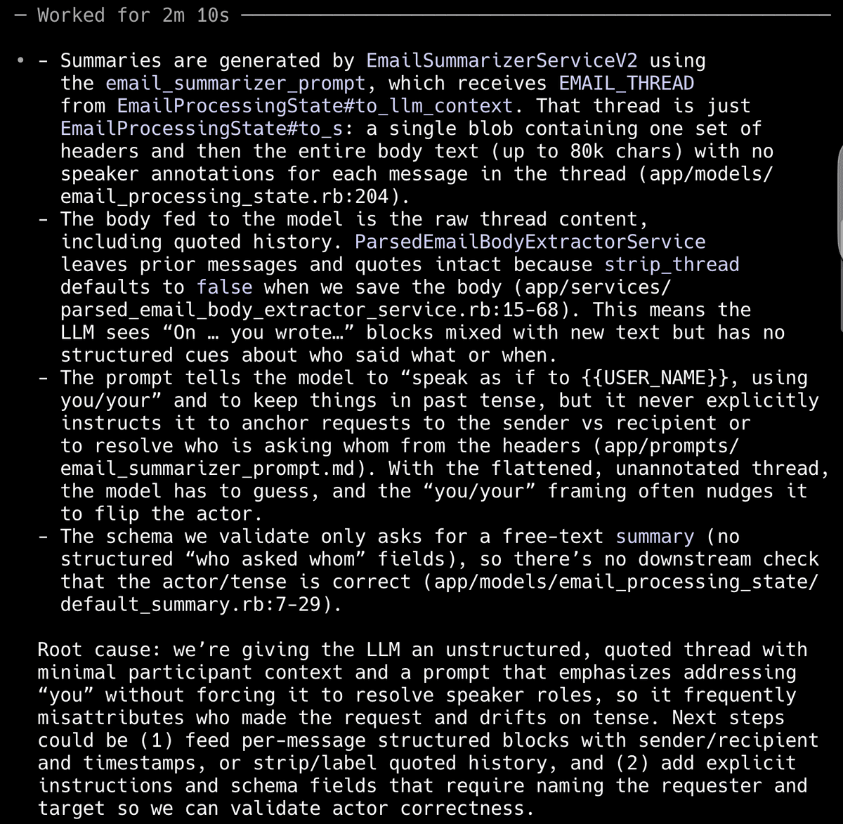 Codex Max 5.1’s plan is cluttered and harder to parse. (Screenshot courtesy of Dan Shipper.)