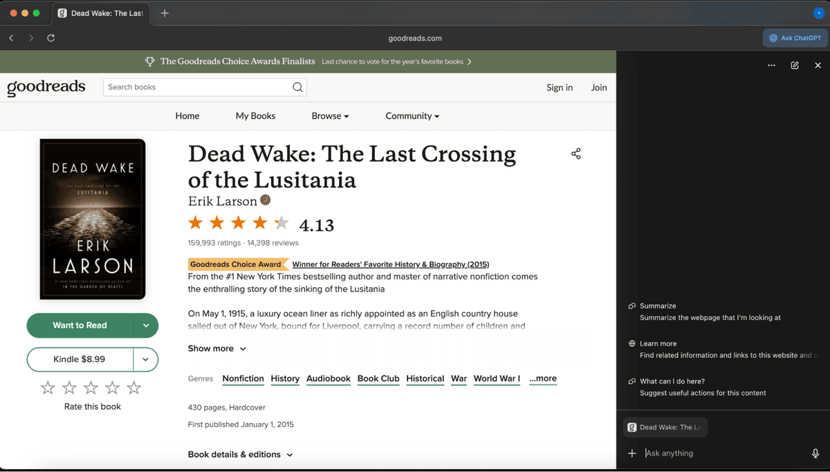 The AI sidebar offers a space to ask questions. In the case of this Goodreads page, it offers tailored suggestions including summarizing the book and finding related information. (Screenshot courtesy of Rhea.)