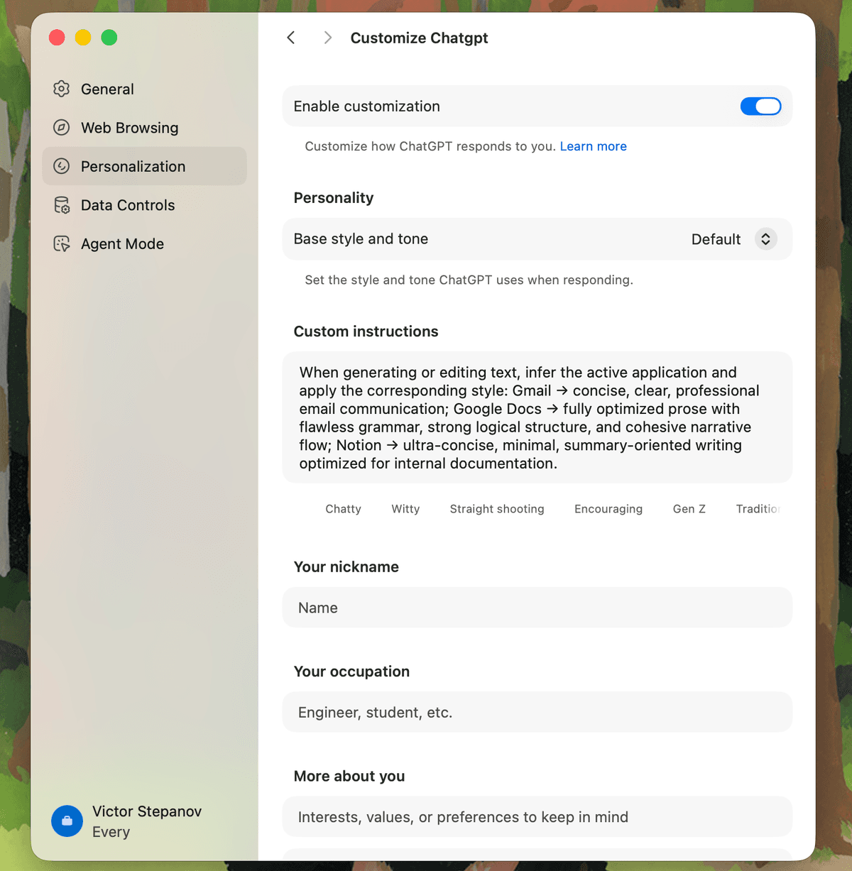 Custom interactions that let Victor tailor Atlas to how he writes emails, product marketing copy, and internal docs. (Screenshot courtesy of Victor Stepanov.)