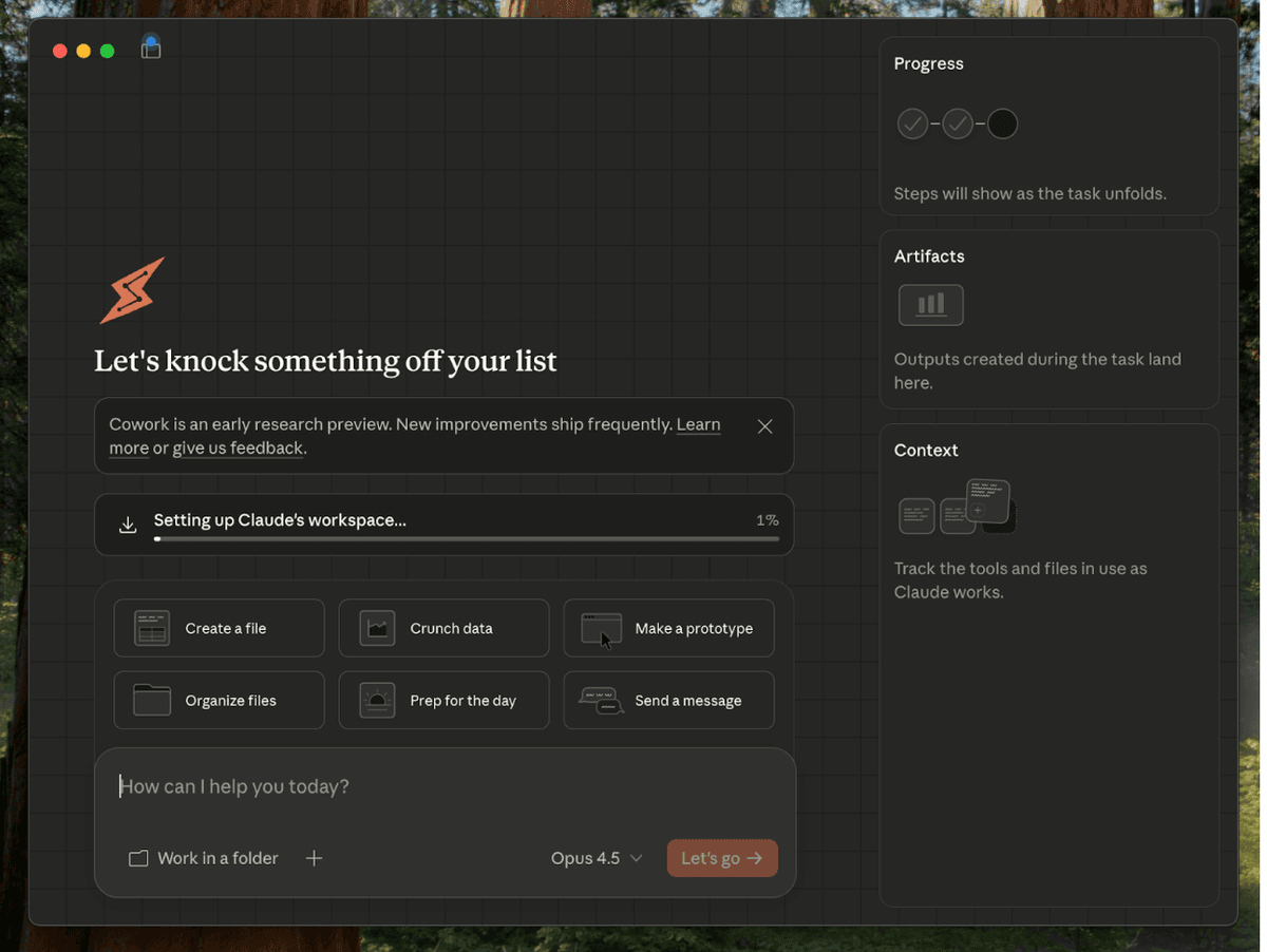 What Cowork looks like when you open it on the macOS. (Screenshot courtesy of Katie Parrott.)