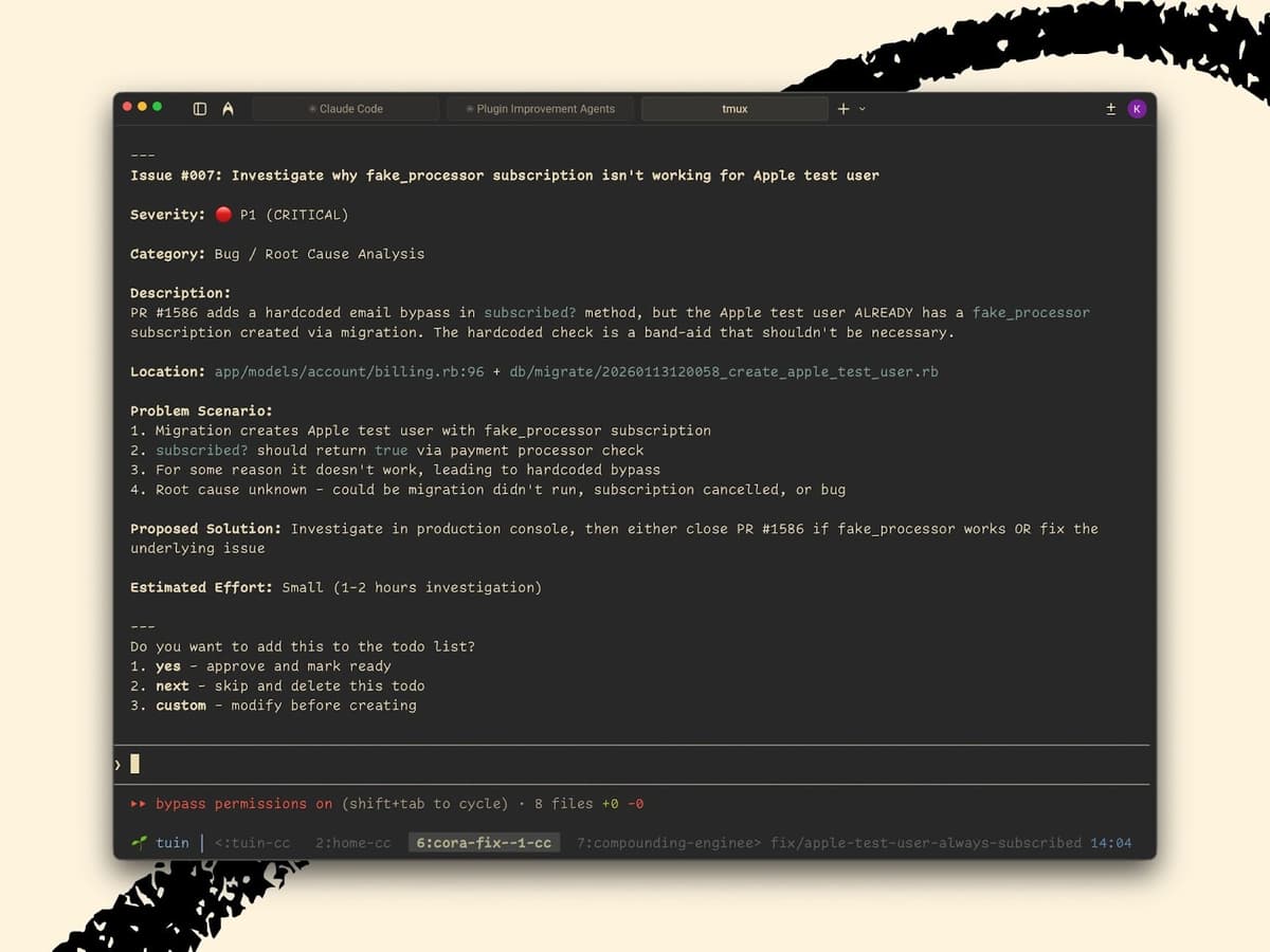 An example of what Claude Code shows me during code review, including what the issue is, how severe it is, a description, a proposed solution, estimated effort, and the actionable question: Do you want to add this to the to-do list? (Image courtesy of Kieran Klaassen.)