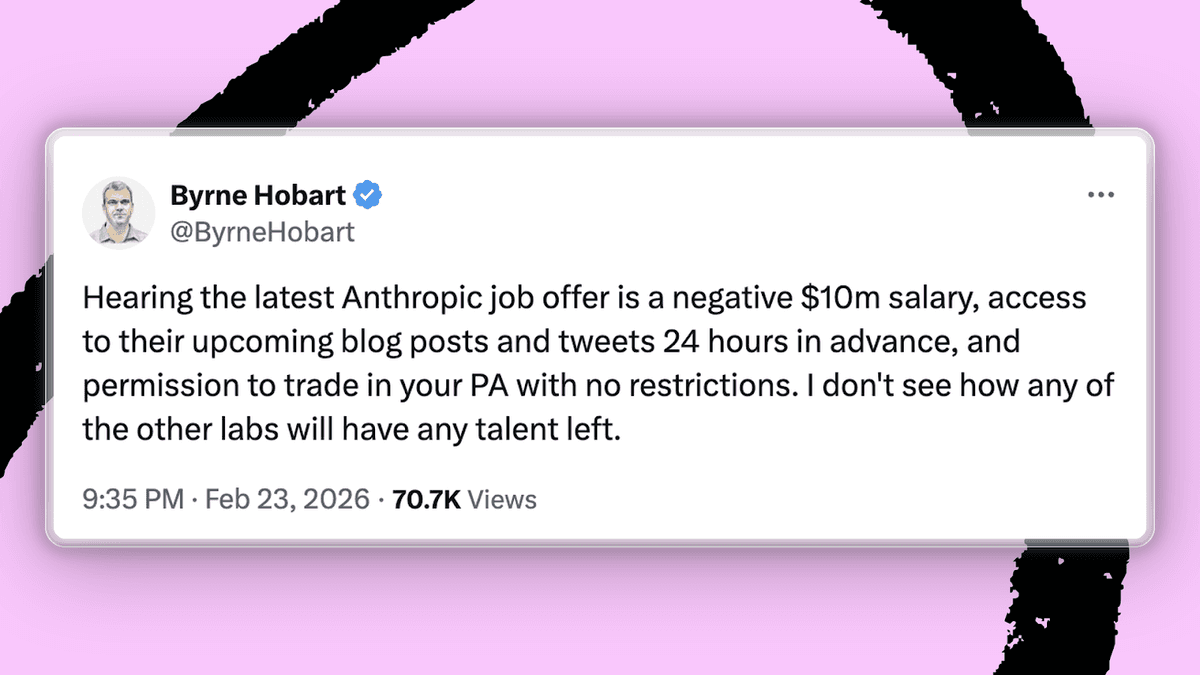 Investor and author Byrne Hobart has joked about the potential benefits of joining an AI lab. (Screenshot courtesy of Every.)