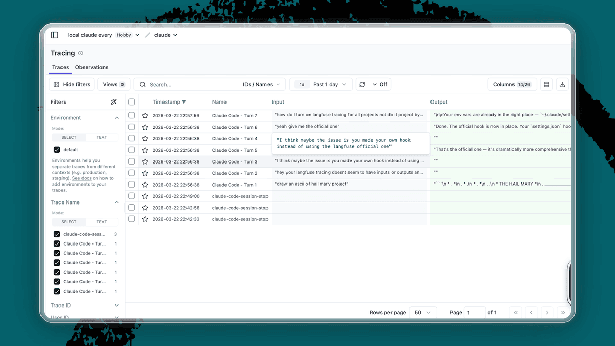 A dashboard view of recent traces, showing a history of prompts and their responses across a session. (Screenshot courtesy of Mike Taylor.)