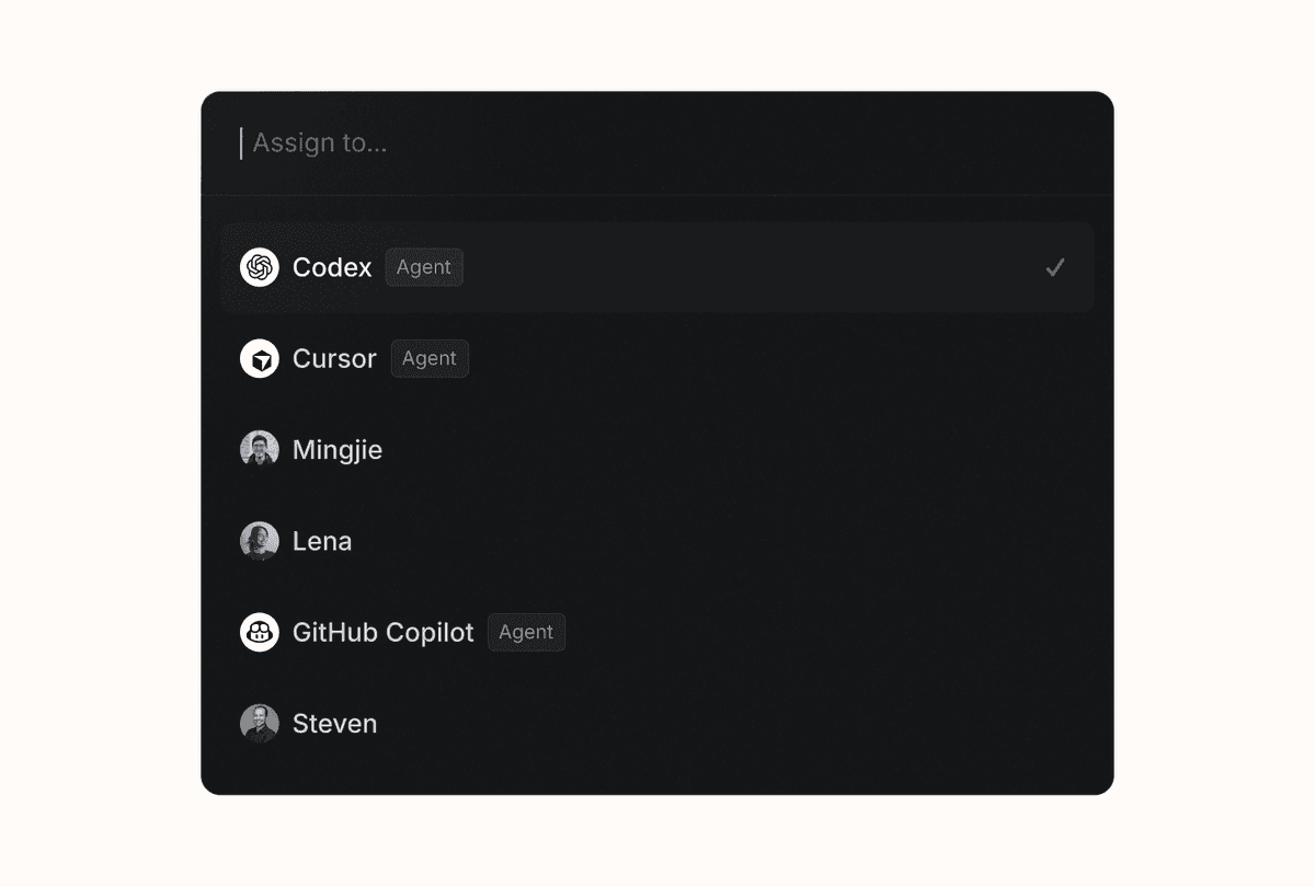 A dropdown menu assigns tasks to human and agent users, with clear “Agent” badges for the latter. (All screenshots courtesy of Linear.)