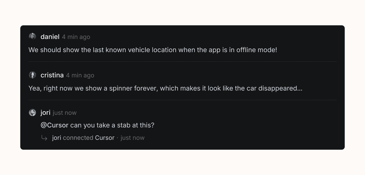 Linear’s activity feed for issues shows agent actions alongside human actions.
