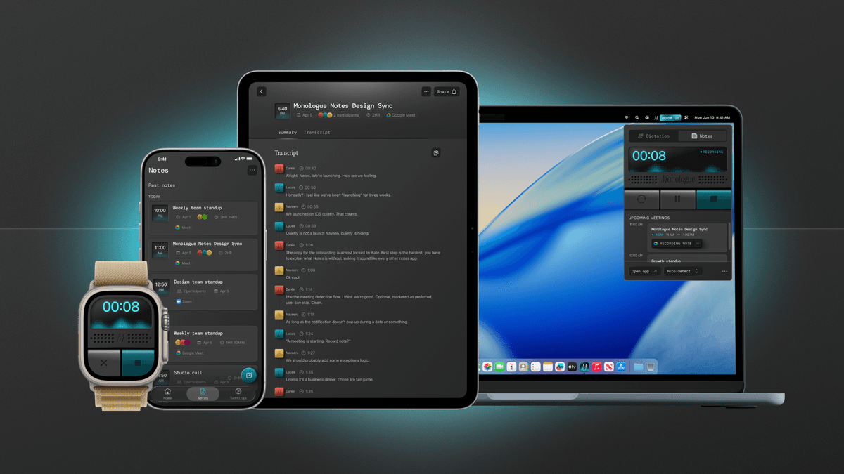 Monologue Notes syncs across your Apple Devices. (Product shots courtesy of Every.)