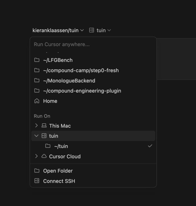 Cursor SSH remote navigation interface