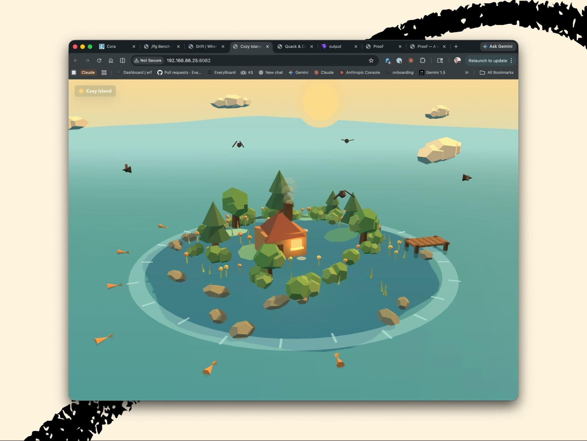 GPT-5.5 Cozy Island 3D scene with rocks, trees, smoke, water, and motion details