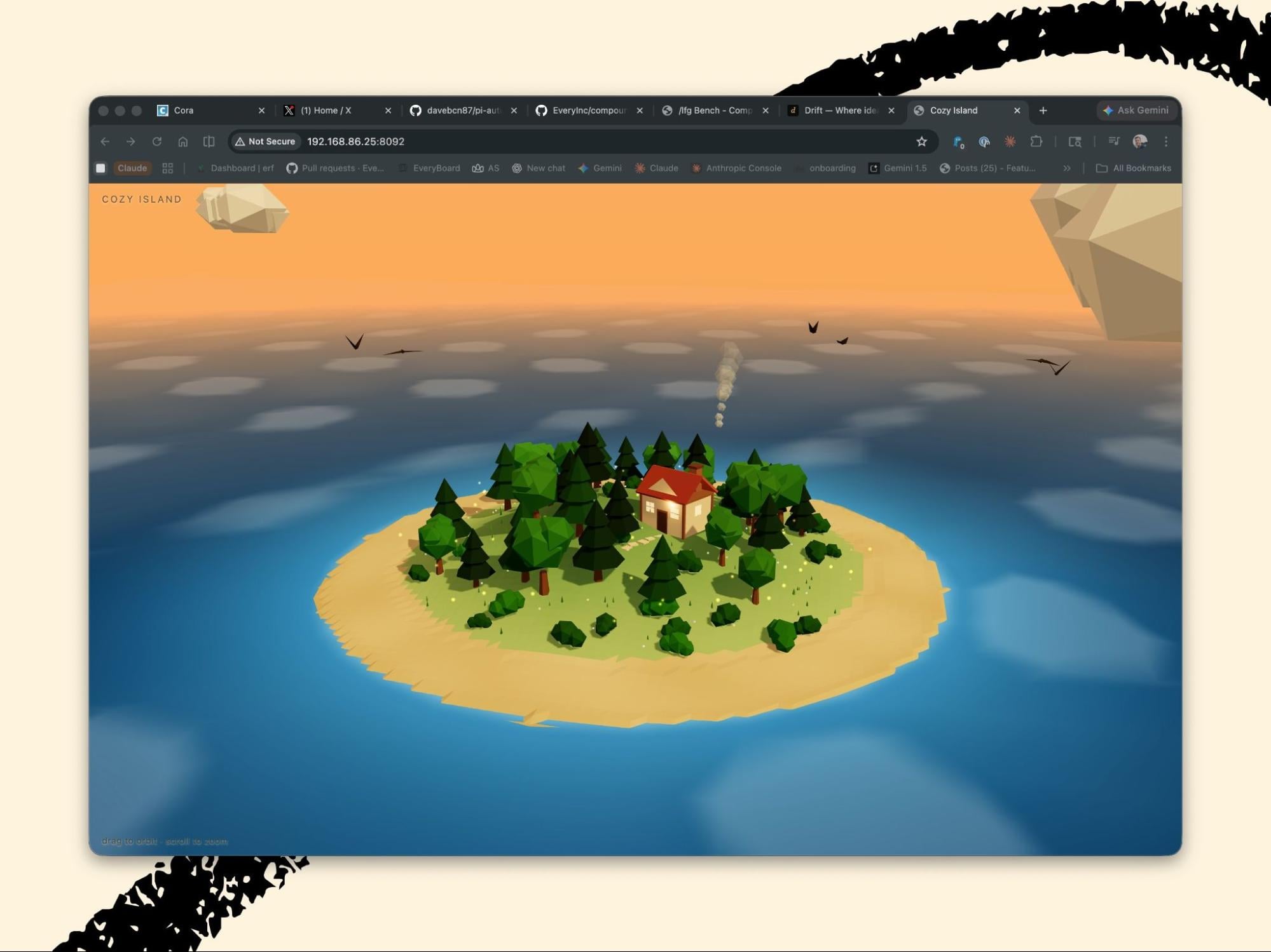 Opus 4.7's Cozy Island 3D scene with animated birds, water, swaying trees and an orbiting camera