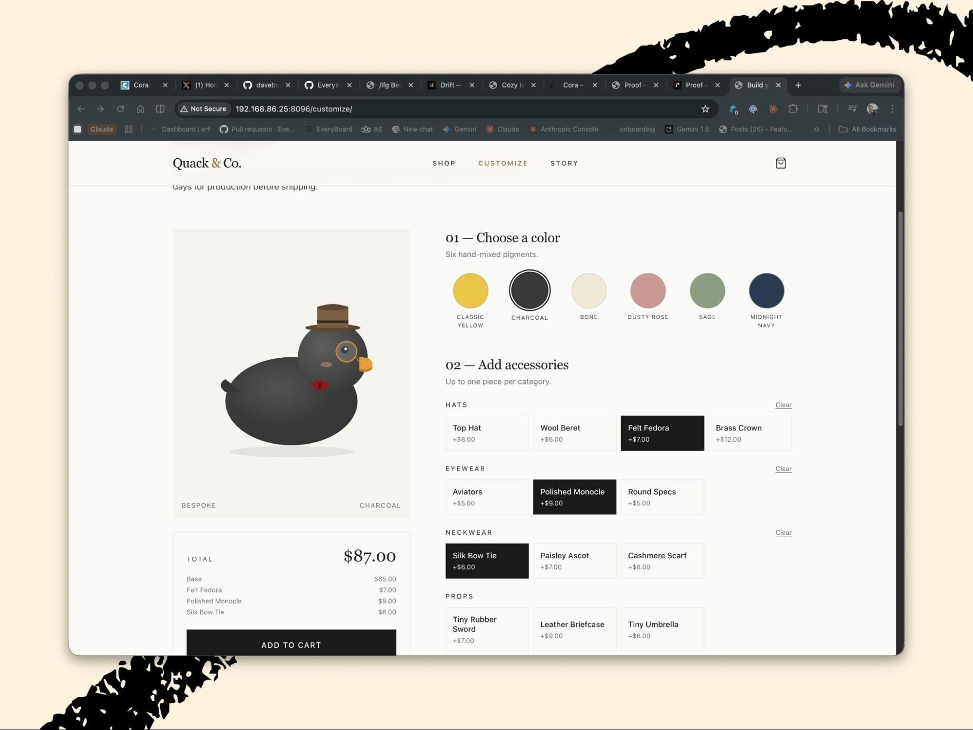 Opus 4.7's Rubber Duck e-commerce store, Quack & Co., showing the customize page with a charcoal duck wearing a felt fedora, polished monocle, and silk bow tie