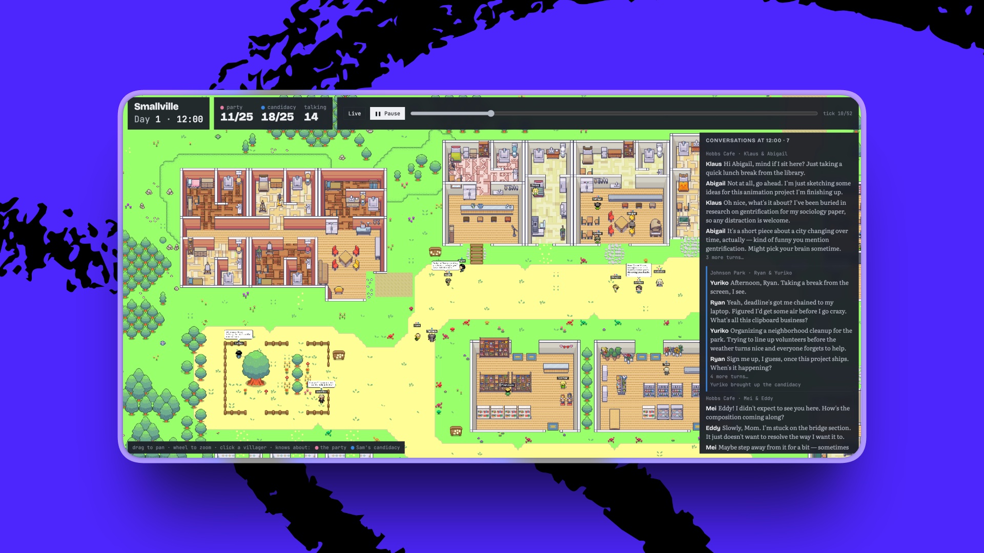 Mike Taylor’s AI-town simulation with 25 characters and a conversation tracker