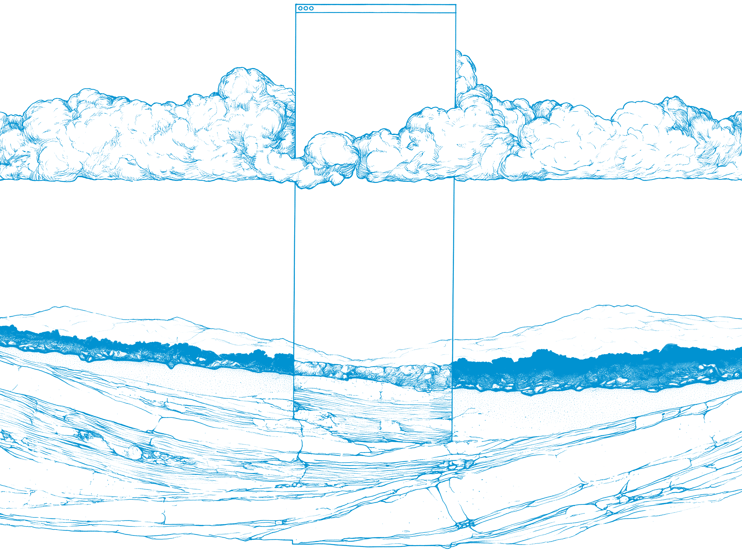 A tall window passes through clouds and a cutaway geological landscape.