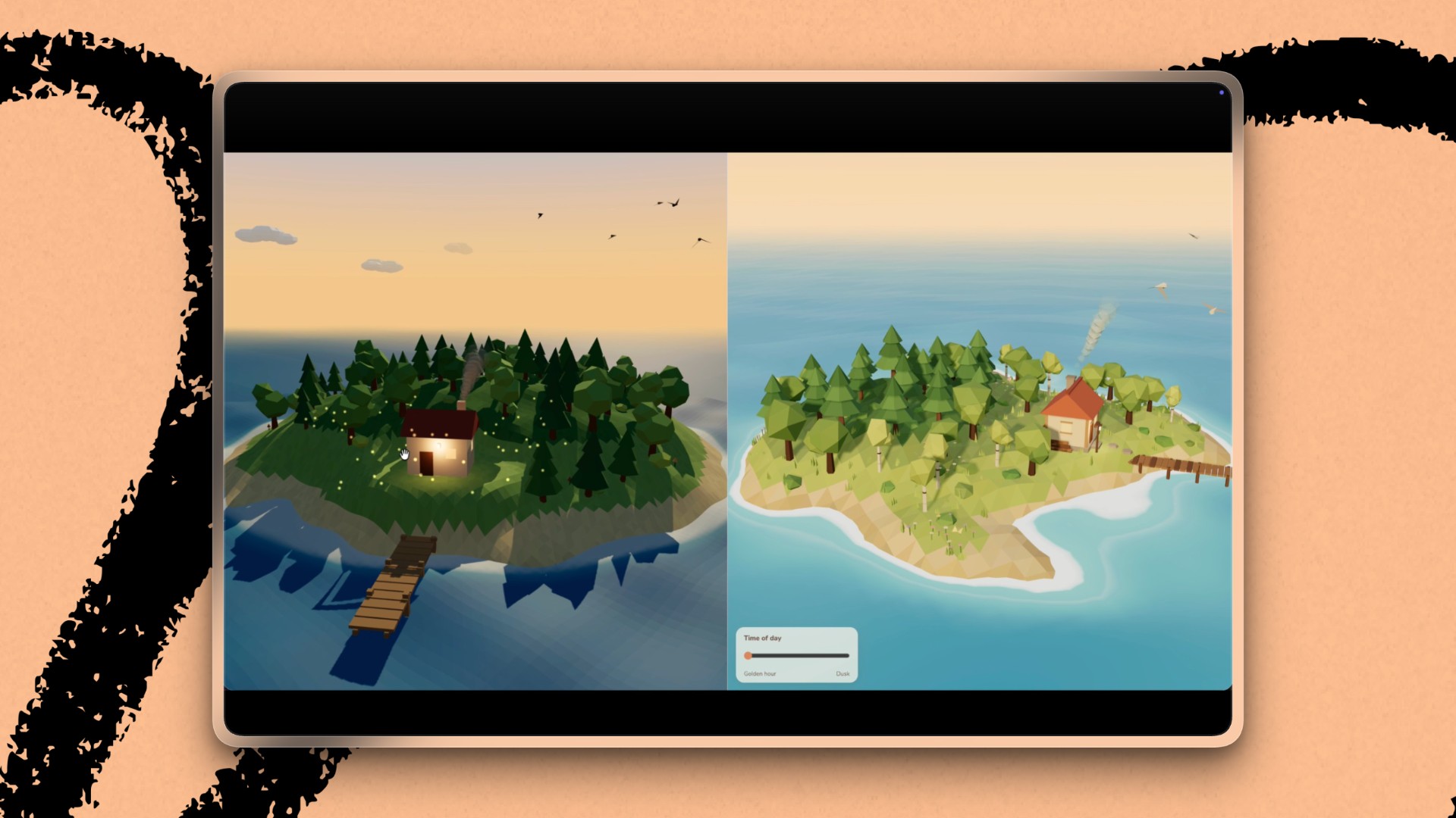 Two low-poly island scenes side by side: Fable 5.1’s dusk island on the left and Opus 5.5’s daytime island with a cabin, dock, and time-of-day slider on the right