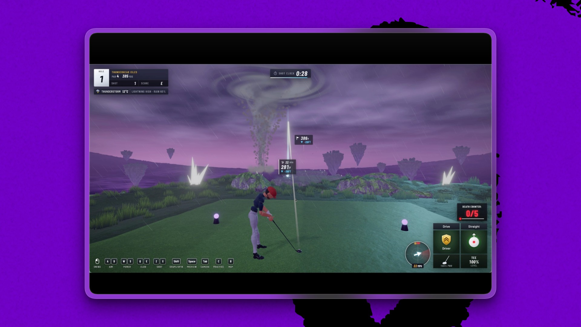 A 3D golf game with a golfer on the tee under a purple thunderstorm sky, with a tornado, floating islands, a shot clock, and club controls
