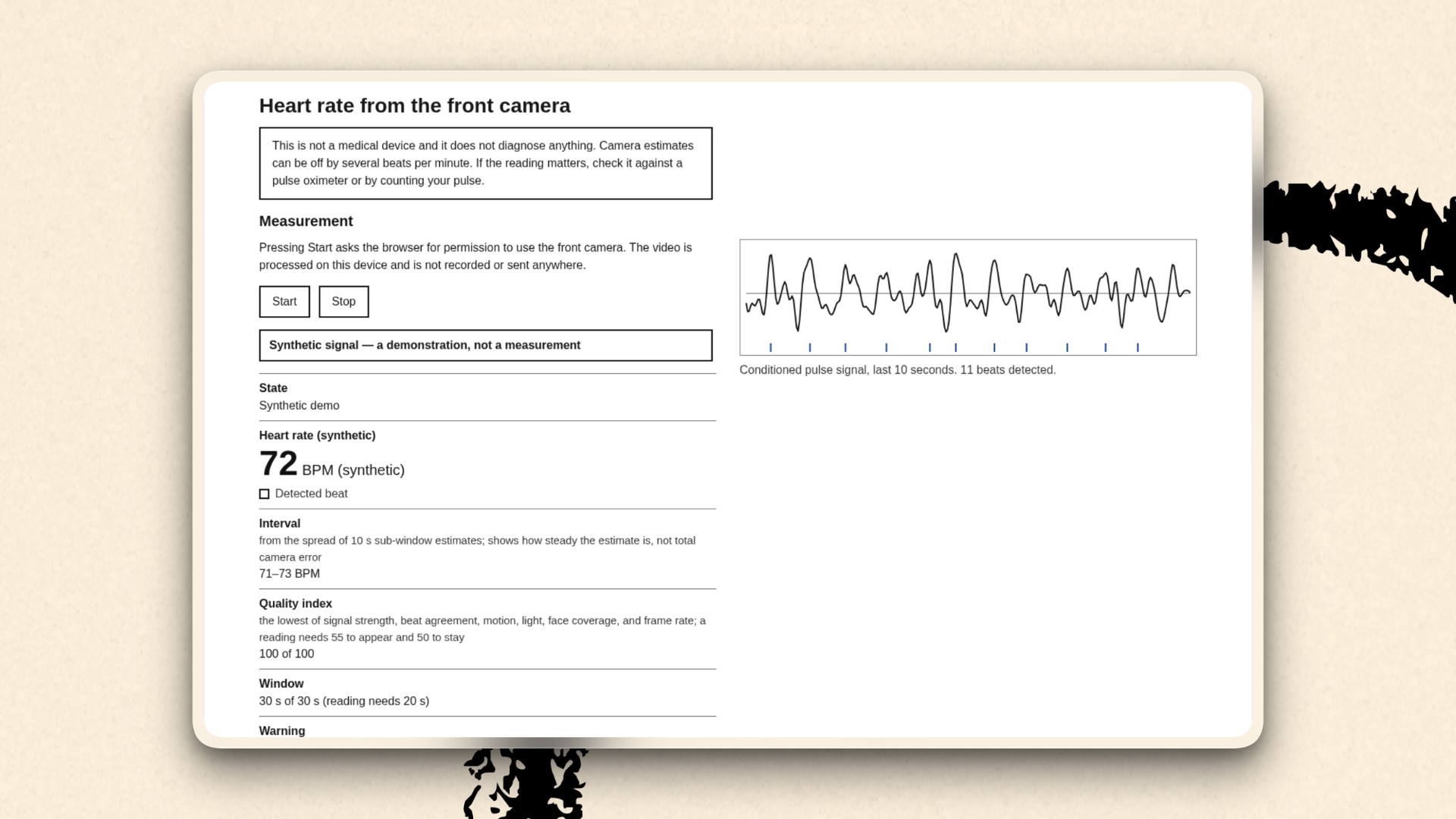A browser app titled “Heart rate from the front camera” showing a 72 BPM reading, a pulse waveform, and quality metrics