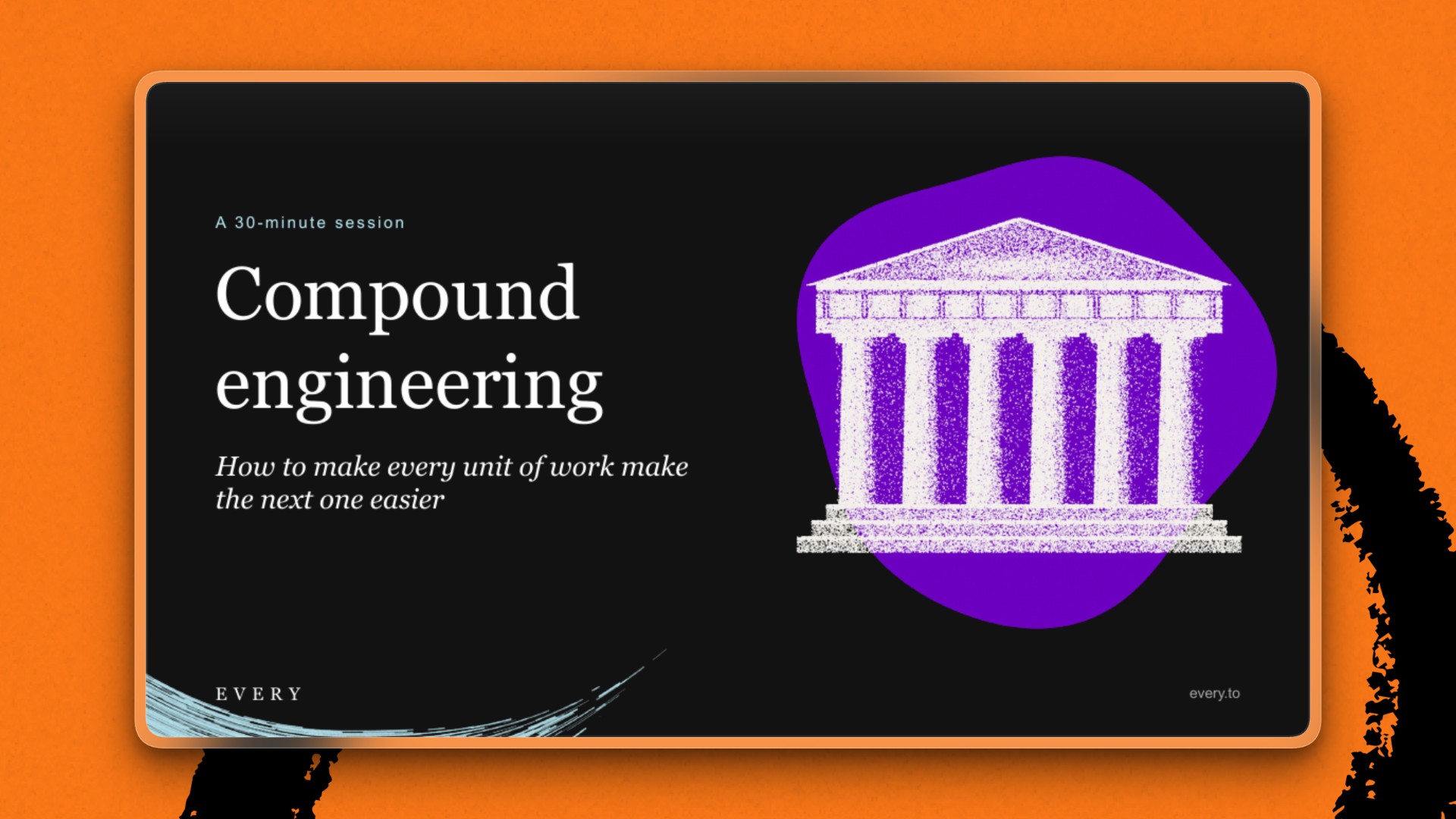Title slide reading “Compound engineering: How to make every unit of work make the next one easier,” with a purple-backed temple illustration